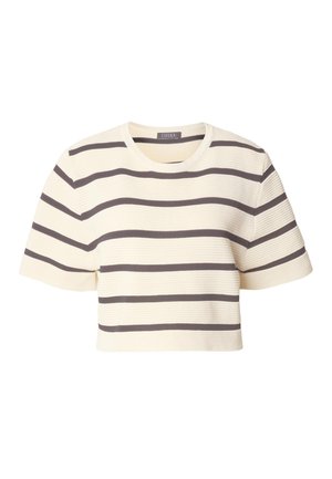 Top croptop crem, cu mâneci scurte și tivuri cu dungi orizontale maro închis distribuite uniform pe corp și mâneci.