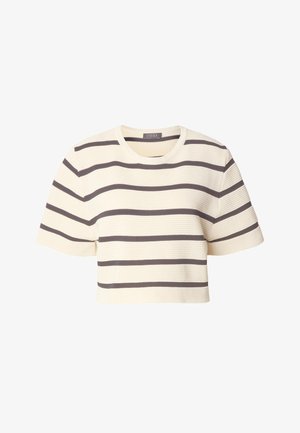 Top croptop crem, cu mâneci scurte și tivuri cu dungi orizontale maro închis distribuite uniform pe corp și mâneci.