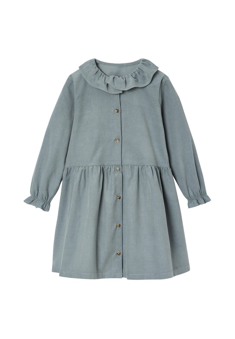 Blaues Baumwollkleid mit langen Ärmeln, Rüschensaum, Knopfleiste und gerafftem Taillenbereich. Verfügt über elastische Bündchen und einen ausgestellten Rock.