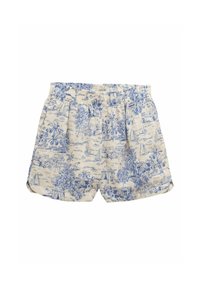 Heledad beežid lühikesed püksid siniste lille- ja maastikumustritega. Omavad elastset vöökohamaksu ja küljetaskuid. Vabaaja, lõdvestunud lõikega disain.