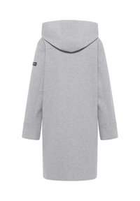 Grijze jas met een capuchon, met lange mouwen en een recht silhouet. Gemaakt van zachte, gestructureerde stof, met een merkdetail op de mouw.
