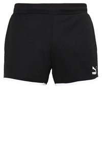 Shorts de sport noirs en tissu texturé, avec une taille élastique et un liseré blanc sur les côtés. Comprend un petit logo Puma blanc sur le côté gauche.