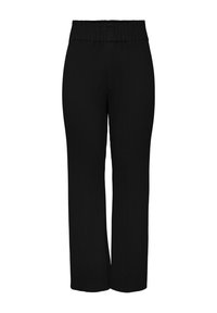 Pantalons noirs côtelés avec une taille élastique et un design à jambes larges. Texture lisse, style plein longueur et sans embellissements supplémentaires.