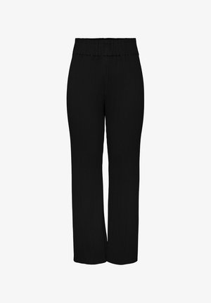 Črne režaste hlače s širokim krojem in elastičnim pasom. Gladka tekstura, dolžina do tal in brez dodatnih okraskov.