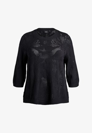 Crni pleteni pulover s tri četvrtine rukava, s teksturiranim, otvorenim upletenim uzorkom i okruglim izrezom. Detalji s rebrastim rubovima i manžetama.