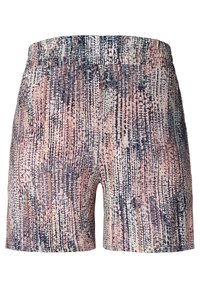 Pantaloni corti con un elastico in vita. I colori includono rosa, blu e nero, con un design testurizzato caratterizzato da linee verticali e punti.
