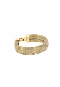 Bracciale in rete dorata con un design texturizzato, bordi lisci e una chiusura metallica che sicura il pezzo. Leggero e flessibile.