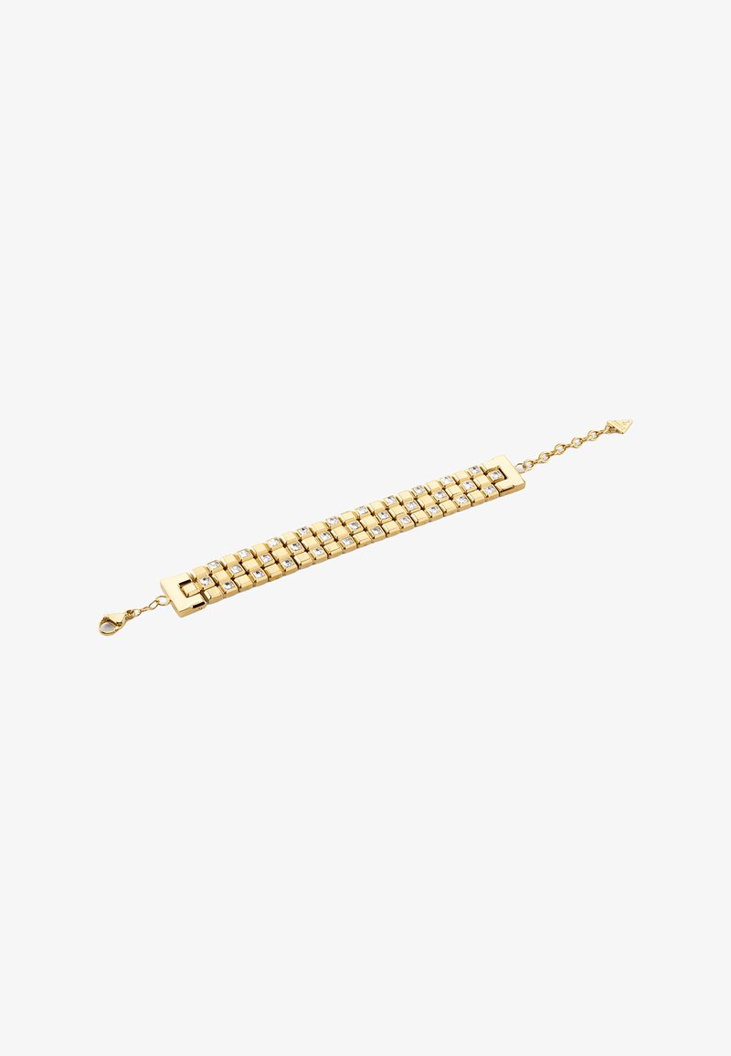 Bracelet en or avec des maillons rectangulaires, chacun serti d'une petite pierre claire, doté d'un rallonge de chaîne et d'une fermeture à mousqueton.