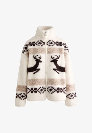 Mehka bela jakna z zadrgo, s potiskom rjavih severnih jelenov in geometrijskih vzorcev na sprednji strani, izdelana iz mehke, teksturirane tkanine.