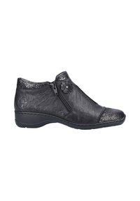 Bottines noires en cuir texturé avec un embout lisse et une fermeture éclair sur le côté. Présente un accent floral décoratif sur le côté.