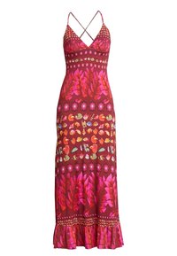 Maxi dress with adjustable spaghetti straps, featuring a vibrant pink and red floral pattern, ruffled hem, and a fitted bodice.
