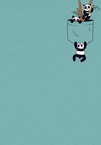 Helles blaues Gewebe mit einem Cartoon-Muster von drei Pandas, die mit einer großen Tasche interagieren, mit Bambusstängeln und Blättern.