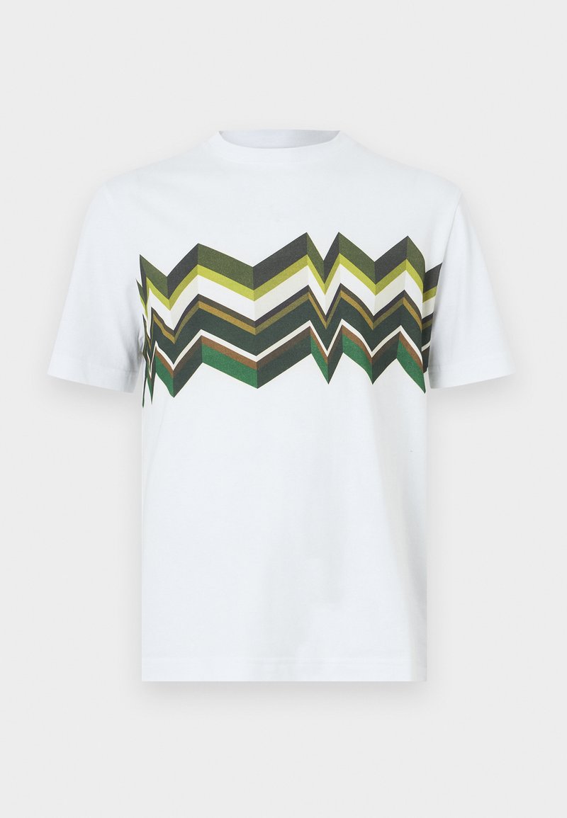 White t-shirt featuring a zigzag pattern in dark green, light green, and yellow stripes. Short sleeves and round neckline.