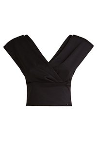 Top noir enveloppant avec des manches larges, un décolleté en V profond et un tissu texturé. Conçu avec des plis pour une coupe structurée.