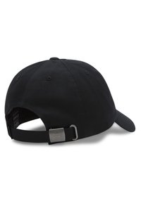 Gorra de béisbol negra hecha de algodón con visera curvada, correa ajustable y acento de logo metálico en la parte trasera. Tejido texturizado.