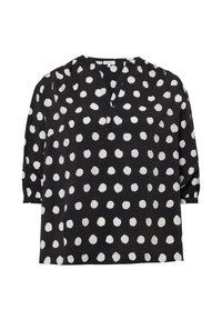Schwarze Bluse mit weißen Punkten, mit V-Ausschnitt, drei Viertelärmeln und lockerer Passform. Hergestellt aus leichtem, strukturiertem Stoff.