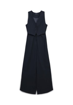 Marineblauer Jumpsuit mit einer enganliegenden, gekürzten Weste, fünf Knöpfen und weit geschnittenen Hosen. Das glatte Material und die klaren Linien schaffen eine maßgeschneiderte Silhouette.