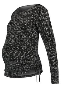 Langärmliges schwarzes Oberteil mit weißen Pünktchen, aus dehnbarem Material. Verfügt über seitliche Raffung und verstellbare Bänder am Saum.