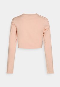 Peach-colored long-sleeve cropped top made of soft, smooth fabric. Features a round neck and fitted sleeves with subtle stitching details.