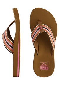 Brown flip-flops with a striped fabric strap featuring pink, orange, and brown tones. Notable logo on the insole in pink. Flat sole design.