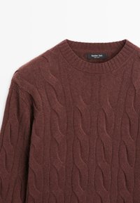 Pull en tricot bordeaux avec un motif en cable, col rond et ourlet côtelé. L'étiquette indique "Massimo Dutti." Texture douce et poids moyen.