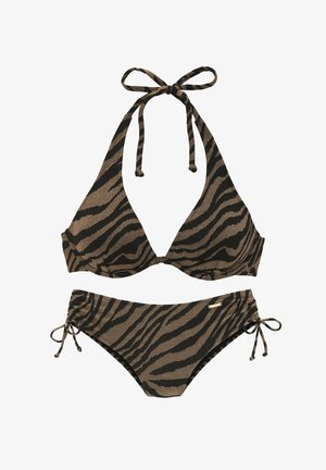 Two-piece bikini set in a tiger stripe pattern featuring a black and brown color scheme. Halter neck design with ties, adjustable side strings.