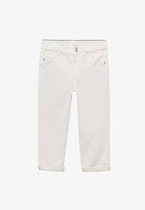 Pantalon en denim blanc à coupe droite, avec des revers roulés, cinq poches et une fermeture à glissière avec bouton.