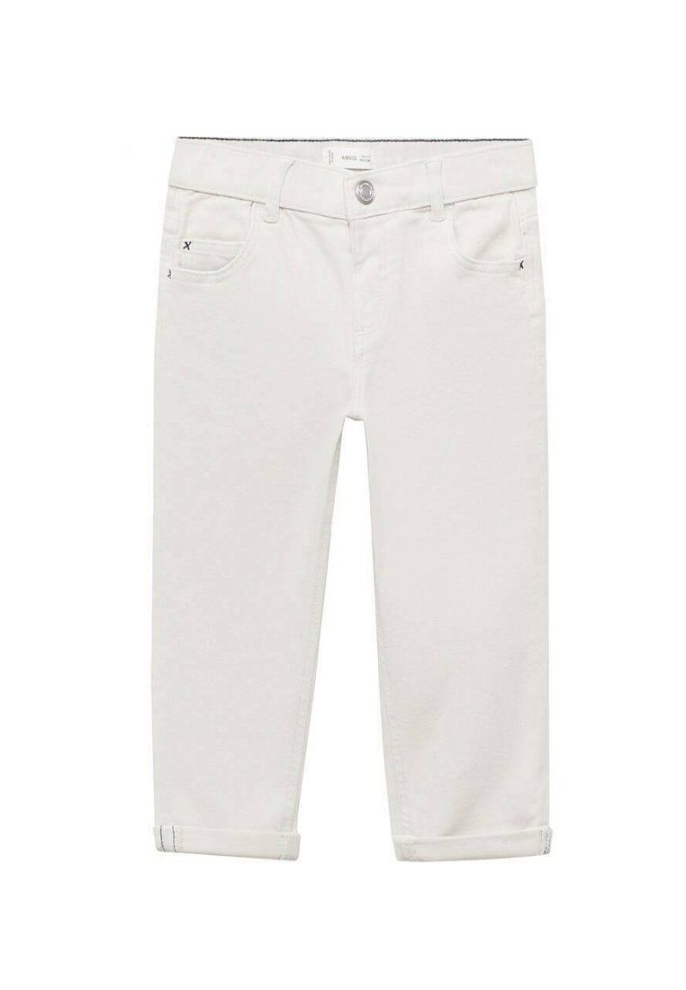 Pantaloni din denim alb cu croială dreaptă, cu manșete rulate, cinci buzunare și închidere frontală cu buton.