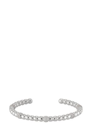 Bracelet jonc en ton argent, avec un design perlé, comportant des perles rondes lisses intercalées avec des segments embellis pour plus de détails.