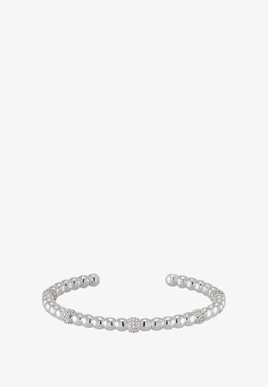 Bracelet jonc en ton argent, avec un design perlé, comportant des perles rondes lisses intercalées avec des segments embellis pour plus de détails.