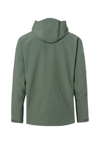 Grüne wasserdichte Jacke mit Kapuze, aus glattem Stoff, langen Ärmeln und einer leicht lockeren Passform, die für den Außeneinsatz konzipiert ist.