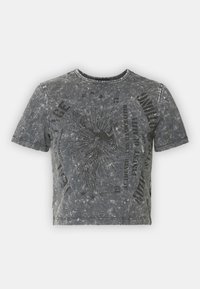 Grey cropped t-shirt with a textured finish, featuring a black graphic design and printed text, short sleeves, and a round neckline.