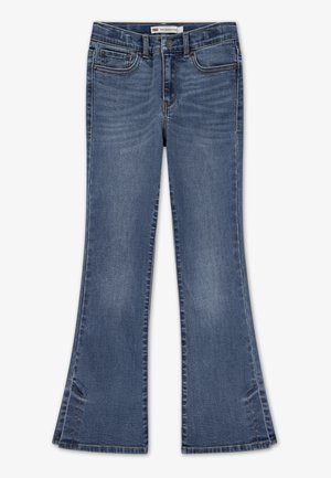 Niebieskie jeansy bootcut z denimu, z zamkiem błyskawicznym i guzikiem z przodu, pięcioma kieszeniami, szlufkami na pasek oraz lekkim spraniem na udach i kolanach.