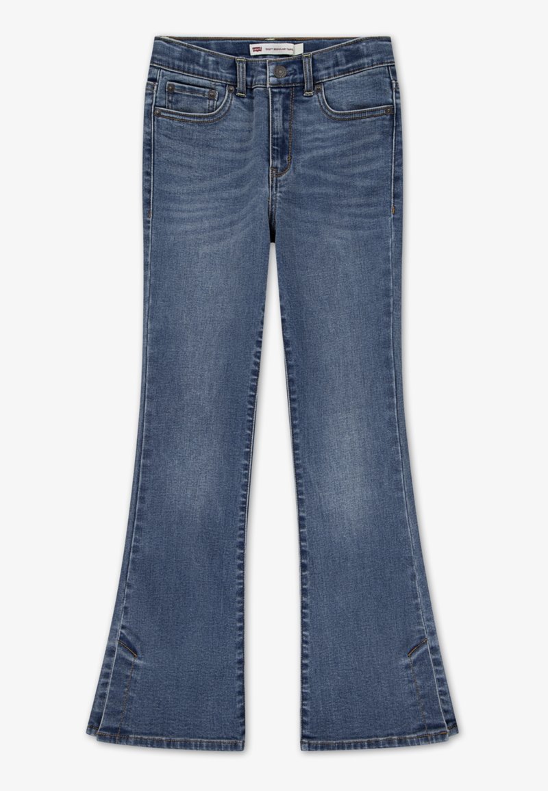 Jean bootcut en denim bleu avec bouton et fermeture éclair à l'avant, cinq poches, passants de ceinture et légère décoloration aux cuisses et aux genoux.