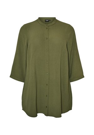 Olivgrüne Bluse mit Knöpfen, dreiviertel Ärmeln und rundem Kragen, aus leicht strukturiertem Stoff und mit weiter Passform.