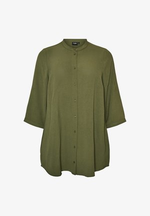 Olivgrüne Bluse mit Knöpfen, dreiviertel Ärmeln und rundem Kragen, aus leicht strukturiertem Stoff und mit weiter Passform.