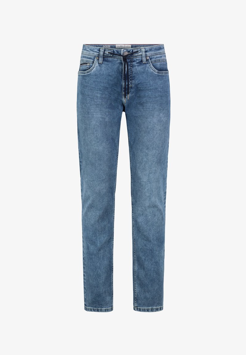 Helle blaue Denim-Jeans mit geradem Schnitt, ausgestattet mit einem Kordelzugbund, fünf Taschen und dezenten Texturvariationen.