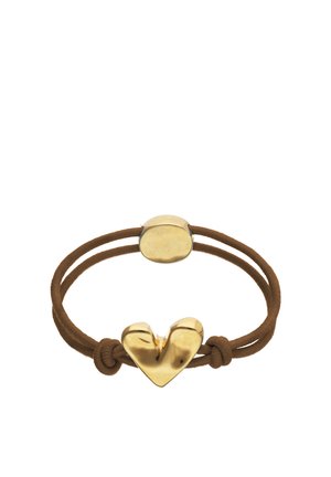 Coletero elástico marrón con un adorno central en tono dorado en forma de corazón y un detalle ovalado a juego.