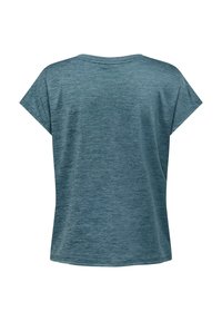 Maglietta atletica a maniche corte di colore blu-grigio melangiato vista da dietro su sfondo bianco.