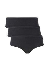 Zwarte katoenen hipsterondergoed van een katoenmix, met een gladde textuur en een elastische tailleband. Set van drie, uniform ontwerp zonder patronen.