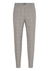 Szürke kockás nadrág szőtt anyagból. Slim fit kialakítású, gombos záródással, sima elülső résszel és diszkrét kockás mintával.