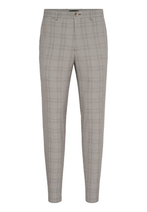 Grijze geruite pantalon van geweven stof. Kenmerken zijn een slim fit, knoopsluiting, platte voorkant en een subtiel ruitpatroon over het geheel.