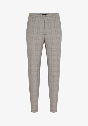 Pantaloni a quadri grigi realizzati in tessuto intrecciato. Presentano una vestibilità slim, chiusura con bottone, frontale piatto e un sottile motivo a scacchi su tutta la superficie.