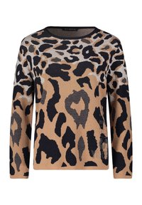 Pull imprimé léopard en beige et noir, fabriqué en matière tricotée, avec un col rond et des manches longues présentant un motif texturé.