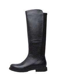 Knee-high melni ādas zābaki ar gludu apdari, elastīgas sānu paneļu, lai nodrošinātu elastību, un zemu gumijas zoli, lai uzlabotu saķeri.