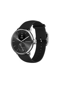 Schwarze Smartwatch mit einem runden Metallgehäuse, silbernen Akzenten und einem schwarzen Silikonarmband. Verfügt über ein EKG-Display auf einem dunklen Ziffernblatt mit silbernen Stundenmarkierungen.