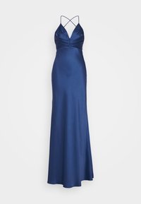 Rochie de seară din satin albastru închis cu decolteu adânc, bust plisat și bretele subțiri încrucișate. Design fluid, lungime până la podea.