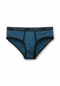 Männliche Unterhose aus teal Baumwolle mit schwarzem elastischem Bund. Verfügt über eine Fronttasche, kontrastierende Nähte und eine glatte Textur.
