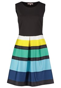 Sukienka bez rękawów z czarną górą i plisowaną spódnicą z poziomymi paskami w kolorach żółtym, zielonym, czarnym, jasnoniebieskim i granatowym.