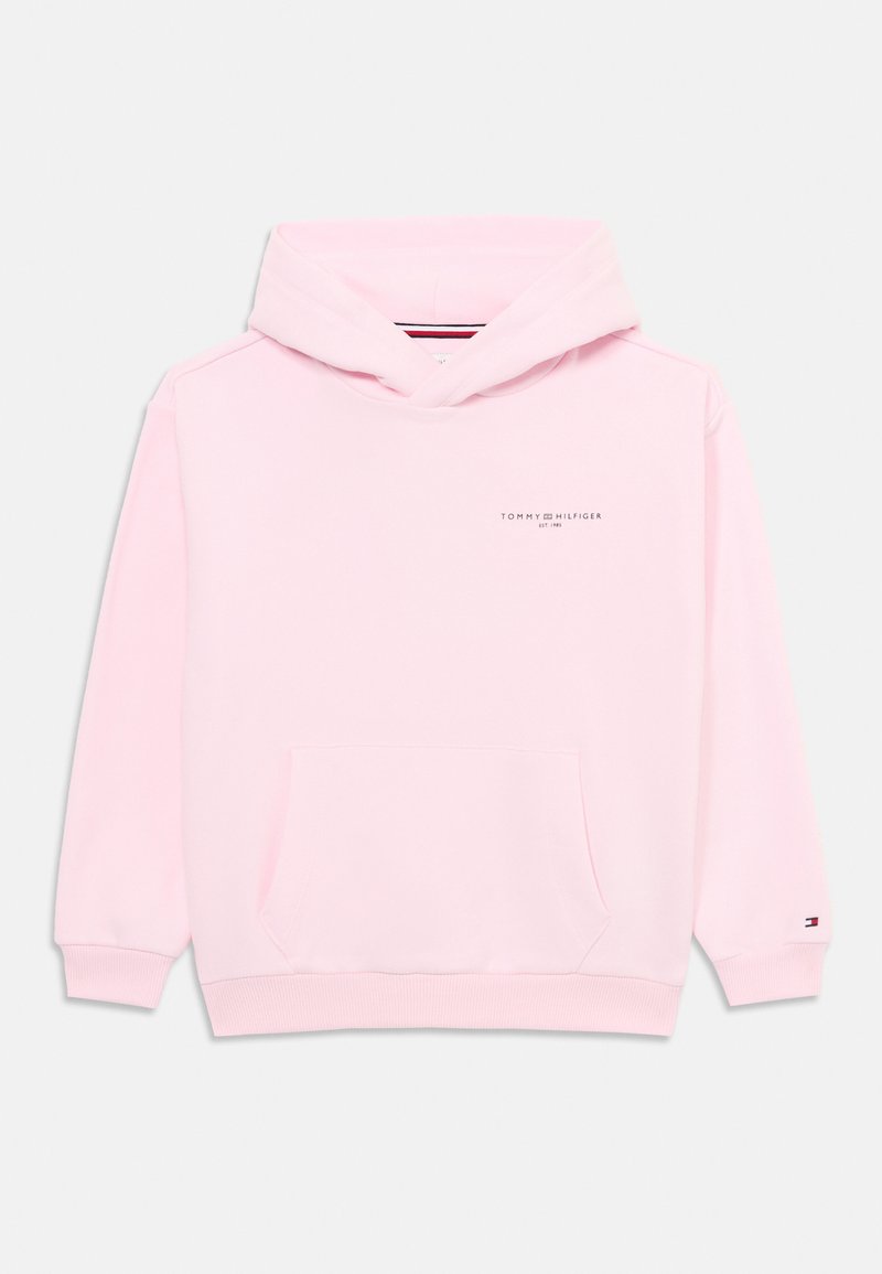 Rosa bomullshoodie med en framficka, justerbar huva och logotyp på bröstet; har ribbade ärmslut och nederkant.